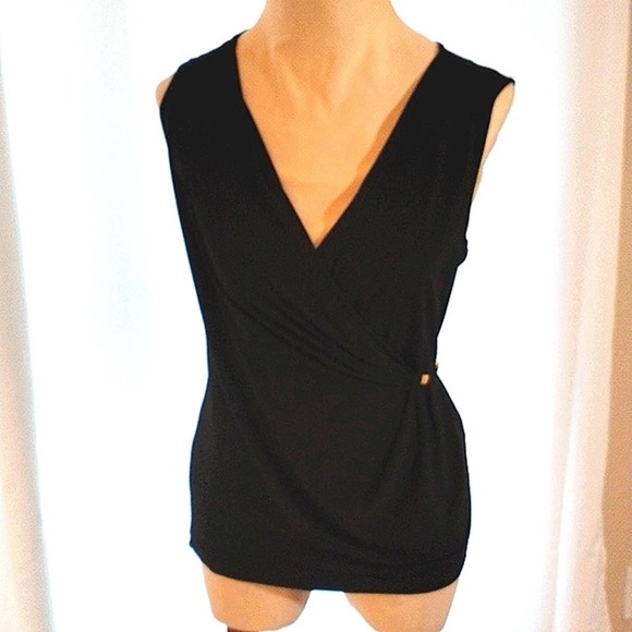 Calvin Klein BLACK Sophisticated V-Drop CAREER Top BLACK Sleeveless Gold Sz S - Picture 4 of 12